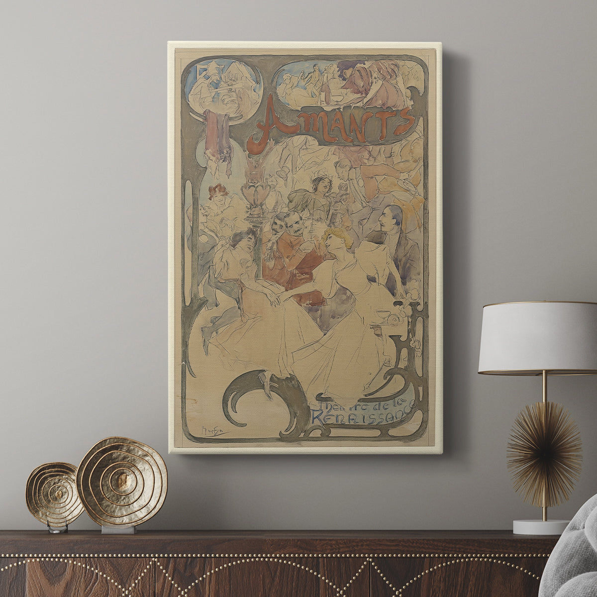 Canvas art print featuring a stylized depiction of lovers surrounded by decorative patterns displayed in a modern interior space.