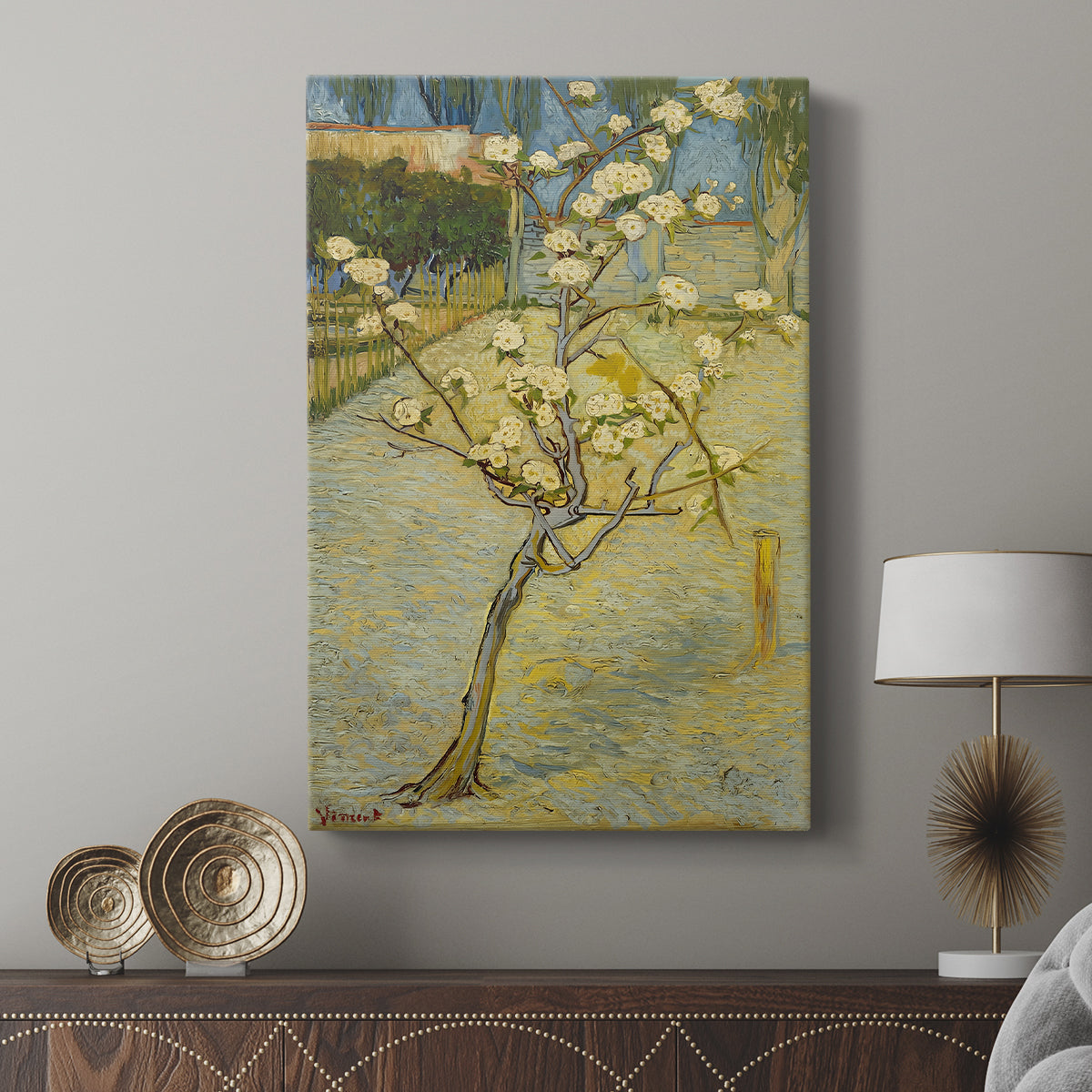Canvas art print featuring a stylized landscape with gentle contrast and visible brushwork displayed in a modern interior space.