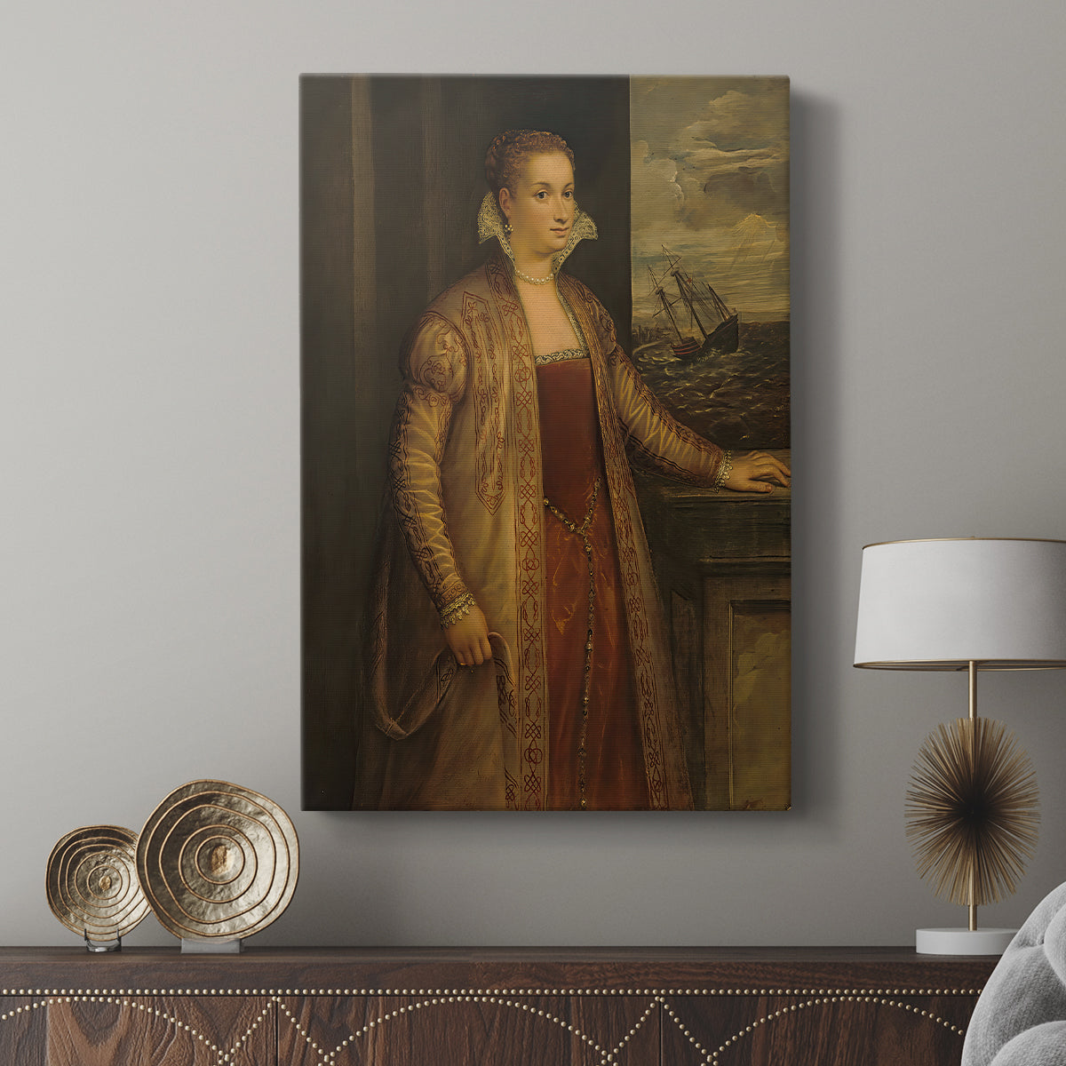 Canvas art print featuring a composed portrait with minimal detail and calm presence displayed in a modern interior space.