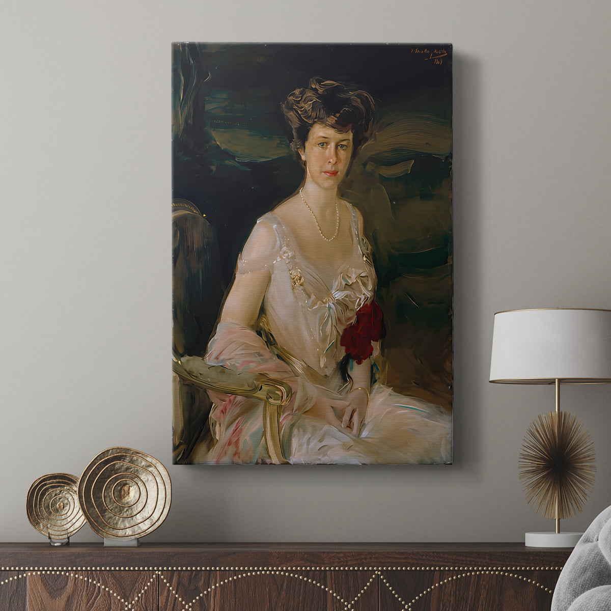 Canvas art print featuring a calm portrait with gentle light and smooth texture displayed in a modern interior space.