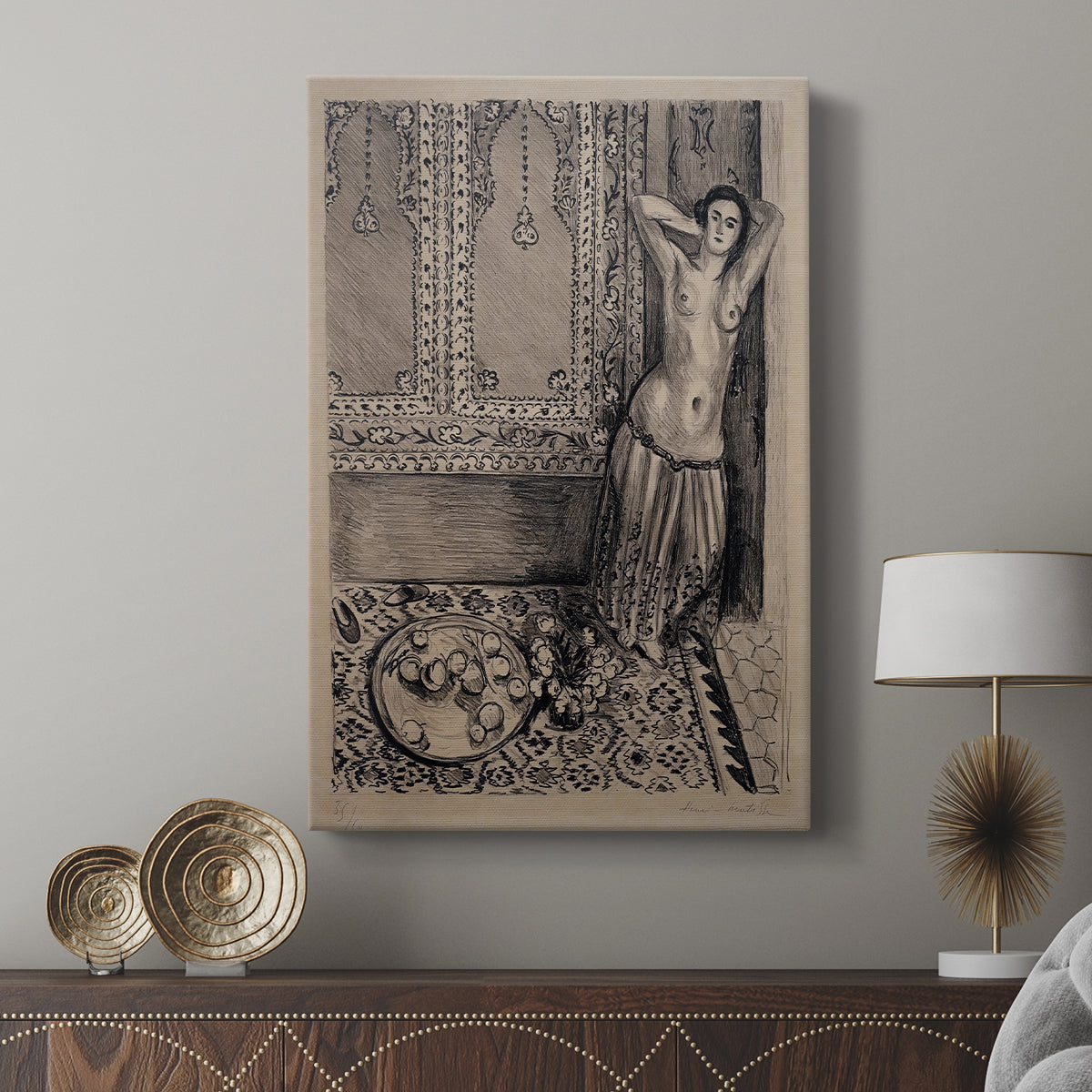 Canvas art print featuring a vivid composition with figure and still life elements displayed in a modern interior space.