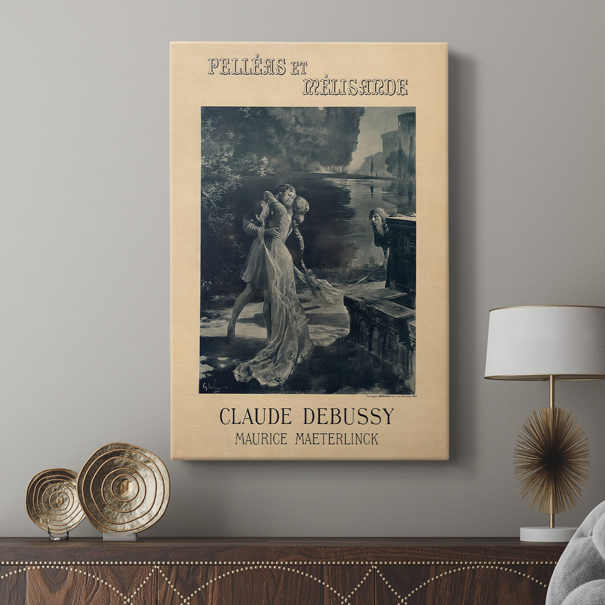 Canvas art print featuring a vintage poster with elegant figures and detailed design displayed in a modern interior space.