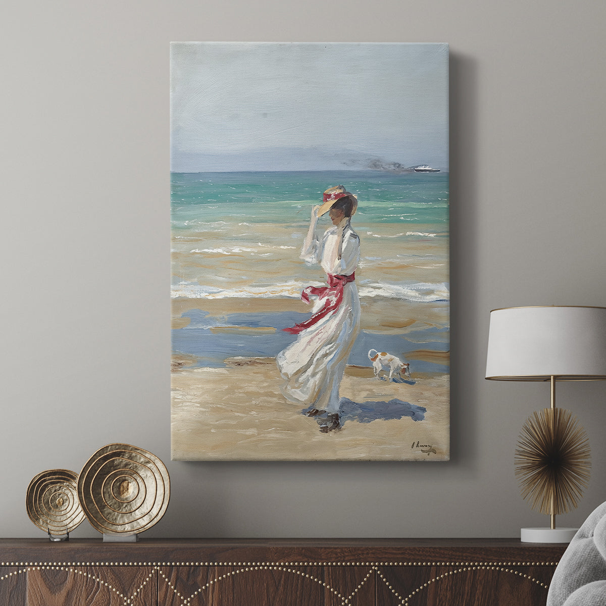 Canvas art print featuring a breezy seaside moment with fabric and motion displayed in a modern interior space.