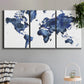 Three-panel canvas wall art featuring world map with water motif, displayed in a modern living room above a sofa.