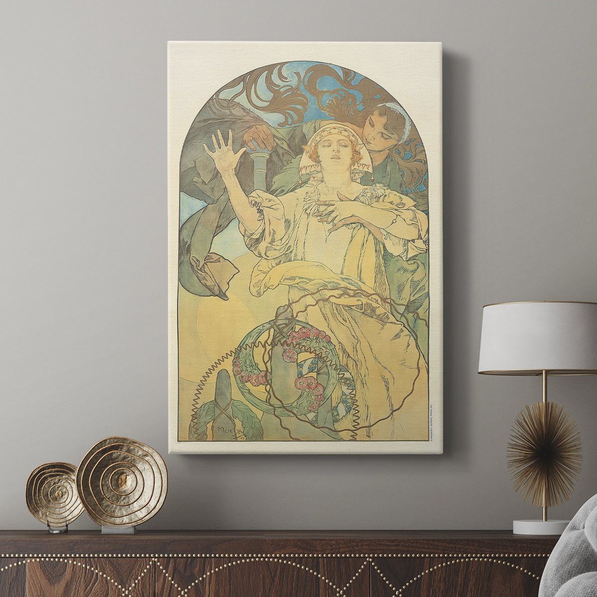 Canvas art print featuring a decorative poster with elegant lines and soft tones displayed in a modern interior space.