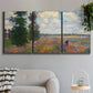 Three-panel canvas wall art featuring poppy field in open countryside, displayed in a modern living room above a sofa.