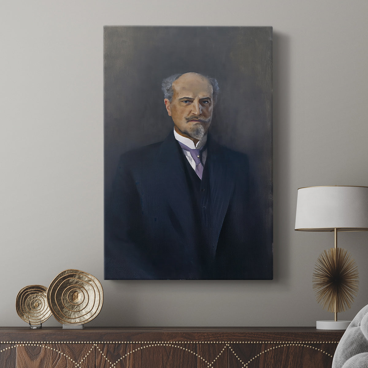 Canvas art print featuring a classic figure study with minimal background and soft lighting displayed in a modern interior space.