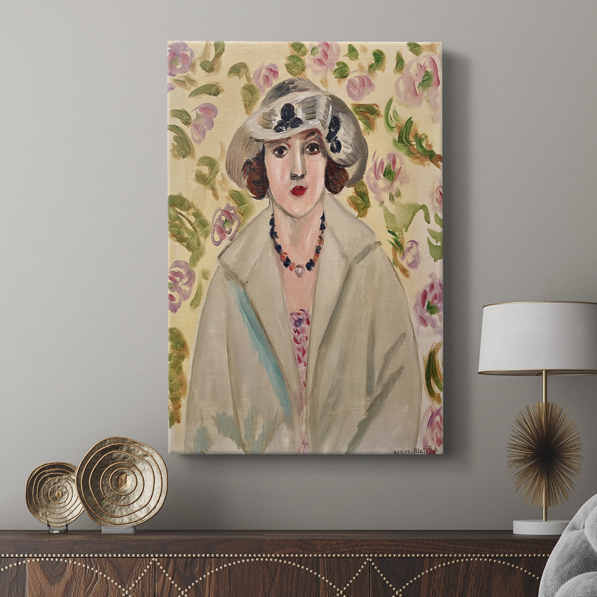 Canvas art print featuring a refined portrait with gentle color and clean lines displayed in a modern interior space.