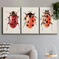 Three-panel canvas wall art featuring ladybugs on green foliage, displayed in a modern living room above a sofa.