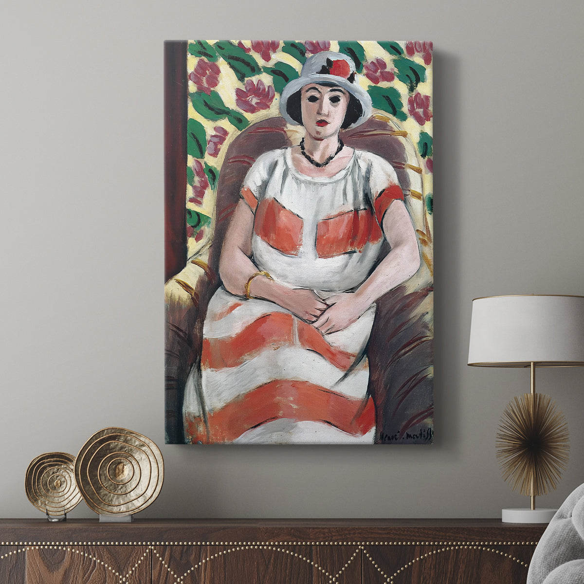 Canvas art print featuring a modern portrait with flat tones and clean outlines displayed in a modern interior space.