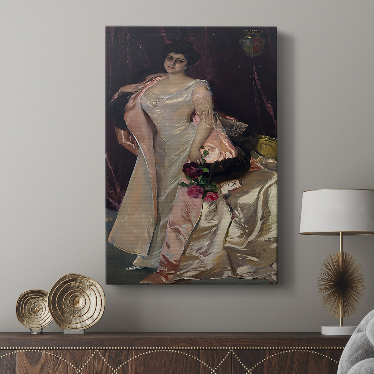 Canvas art print featuring a refined portrait with elegant posture and gentle highlights displayed in a modern interior space.