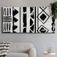 Three-panel canvas wall art featuring geometric abstract forms merging pattern, displayed in a modern living room above a sofa.