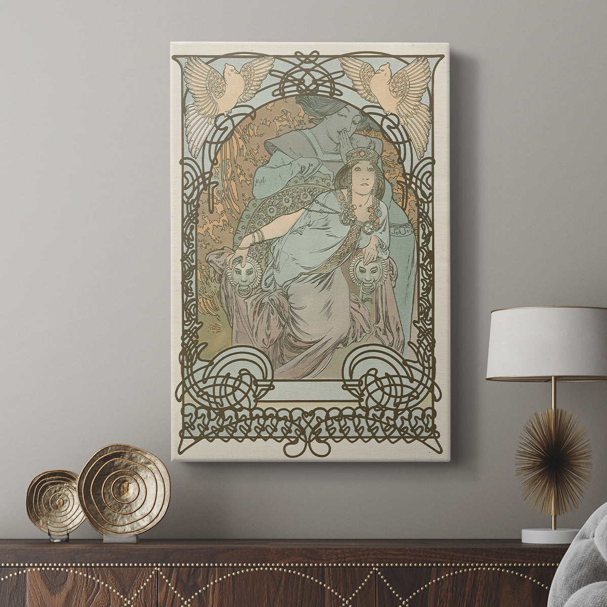 Canvas art print featuring a decorative portrait with elegant lines and Romantic theme displayed in a modern interior space.