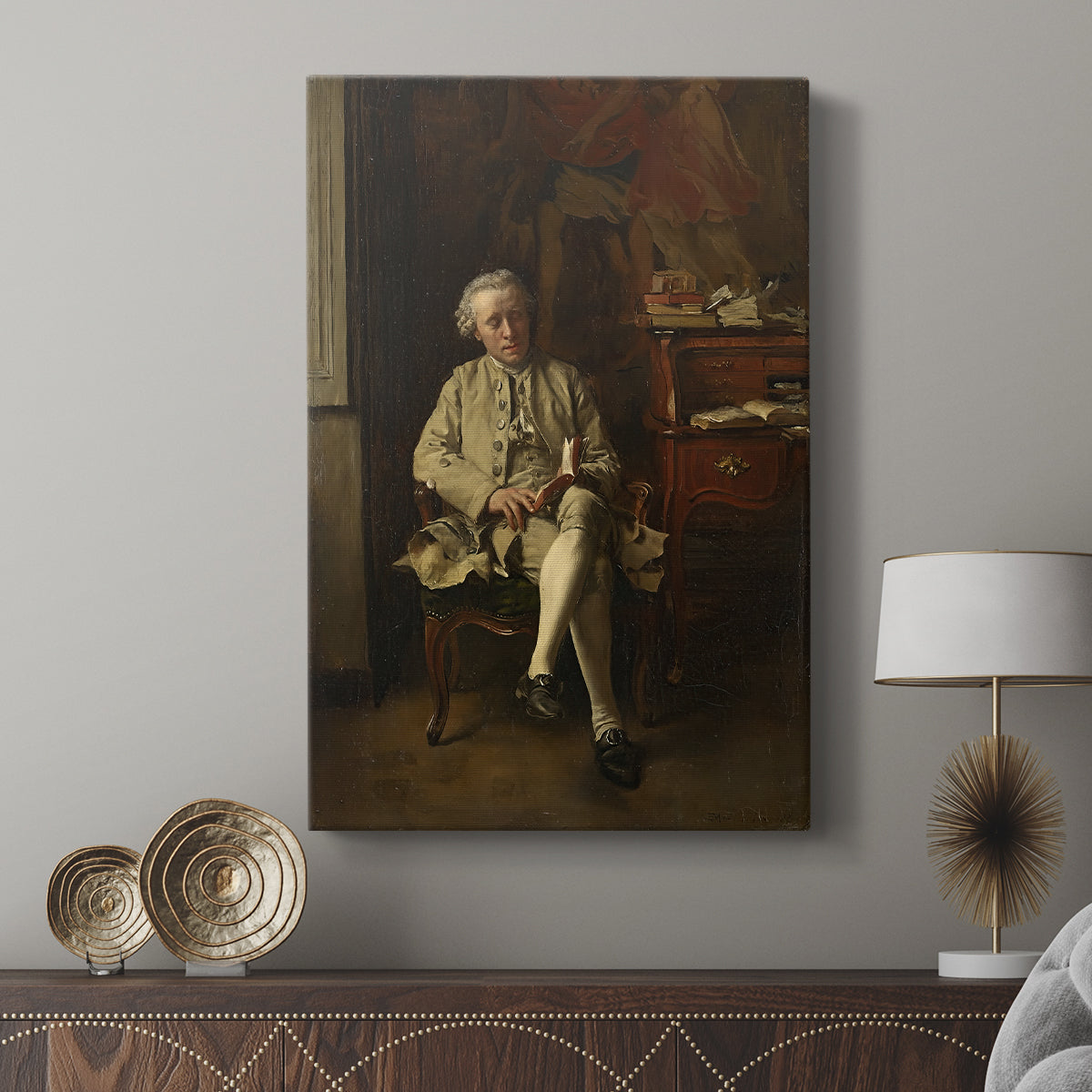 Canvas art print featuring a contemplative interior scene with soft shadow and light displayed in a modern interior space.