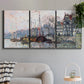 Three-panel canvas wall art featuring historic canal view with boats, displayed in a modern living room above a sofa.