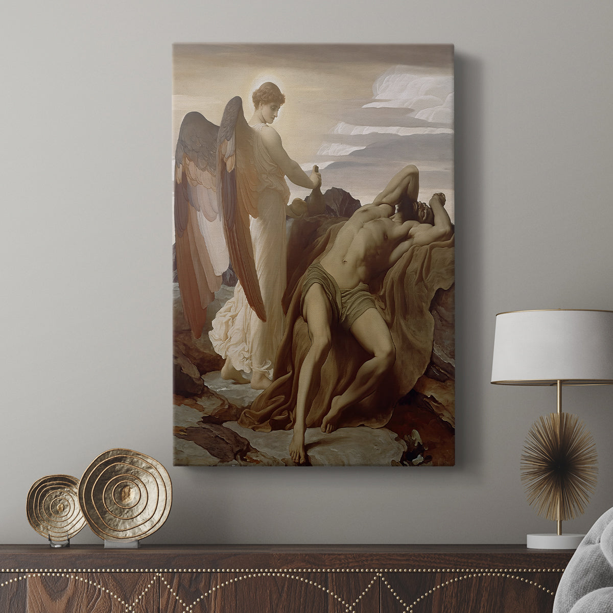 Canvas art print featuring a biblical scene with calm mood and muted tones displayed in a modern interior space.