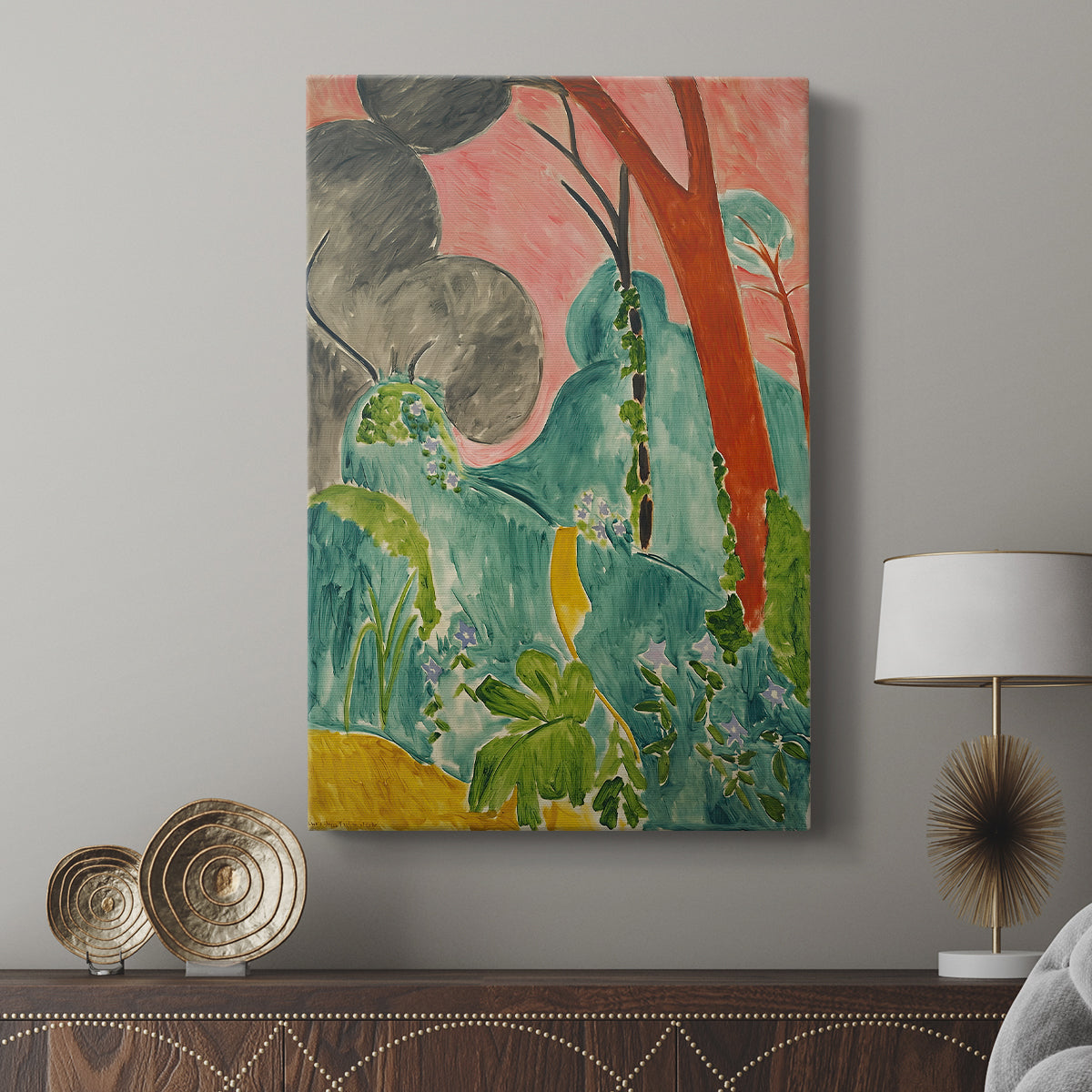 Canvas art print featuring a stylized garden with patterned shapes and bright palette displayed in a modern interior space.