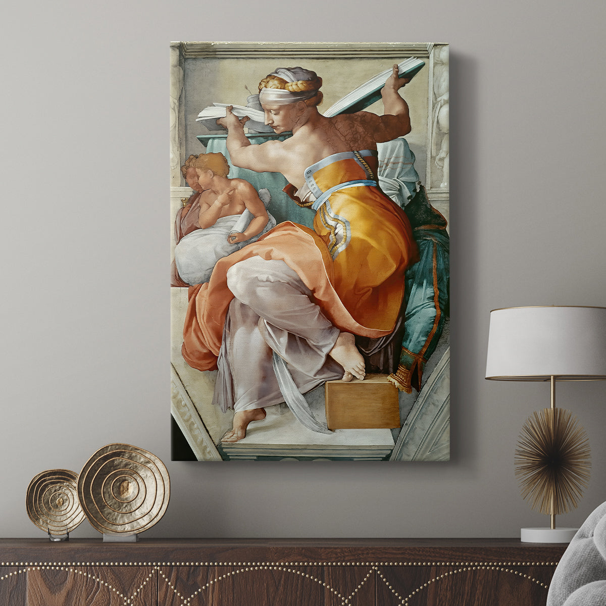 Canvas art print featuring a sculptural composition with bold posture and soft tones displayed in a modern interior space.