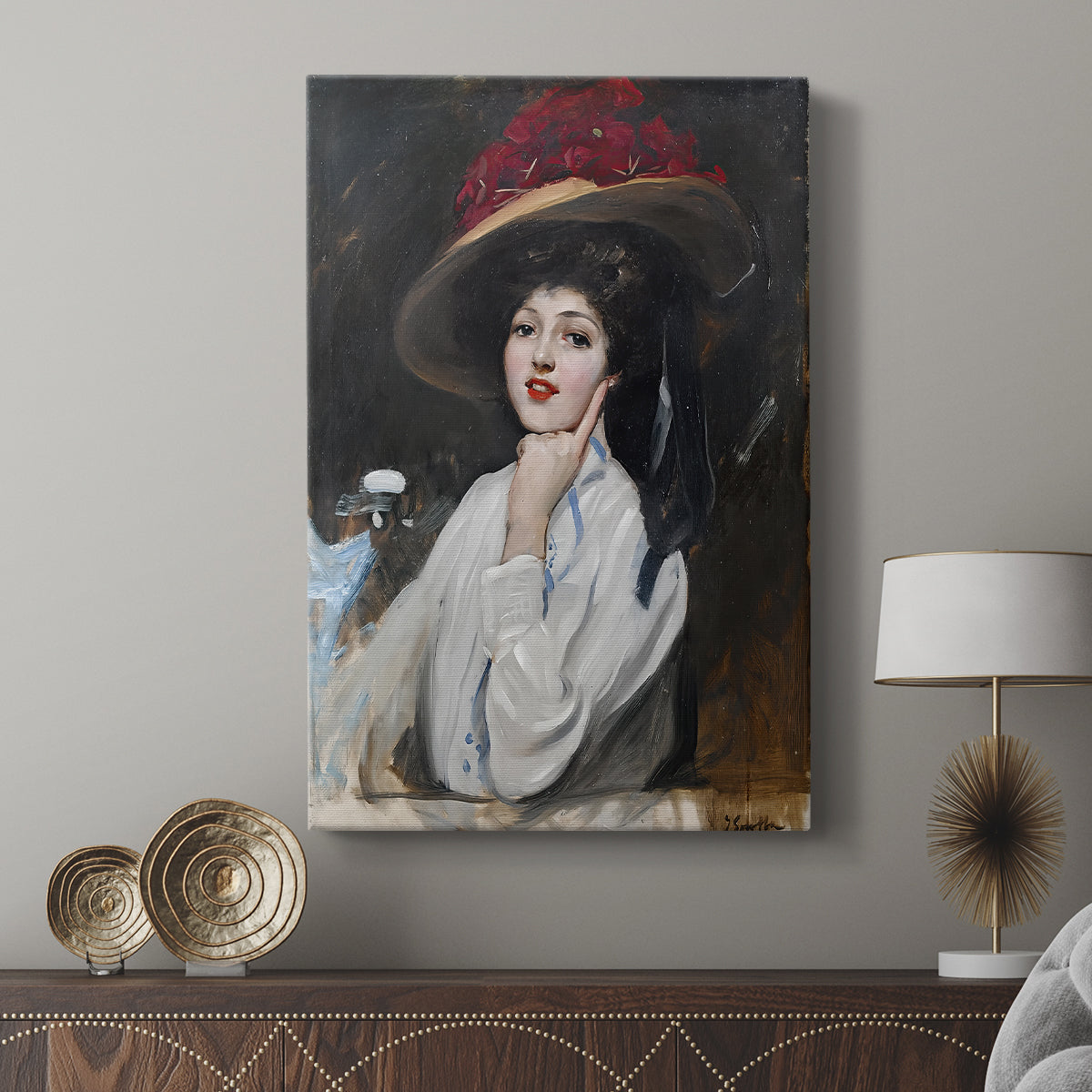 Canvas art print featuring a refined portrait with balanced color and texture displayed in a modern interior space.