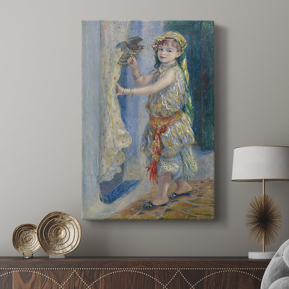 Canvas art print featuring a soft portrait of a child with light brushwork and warm tones displayed in a modern interior space.