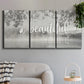 Three-panel canvas wall art featuring uplifting life themed typography, displayed in a modern living room above a sofa.