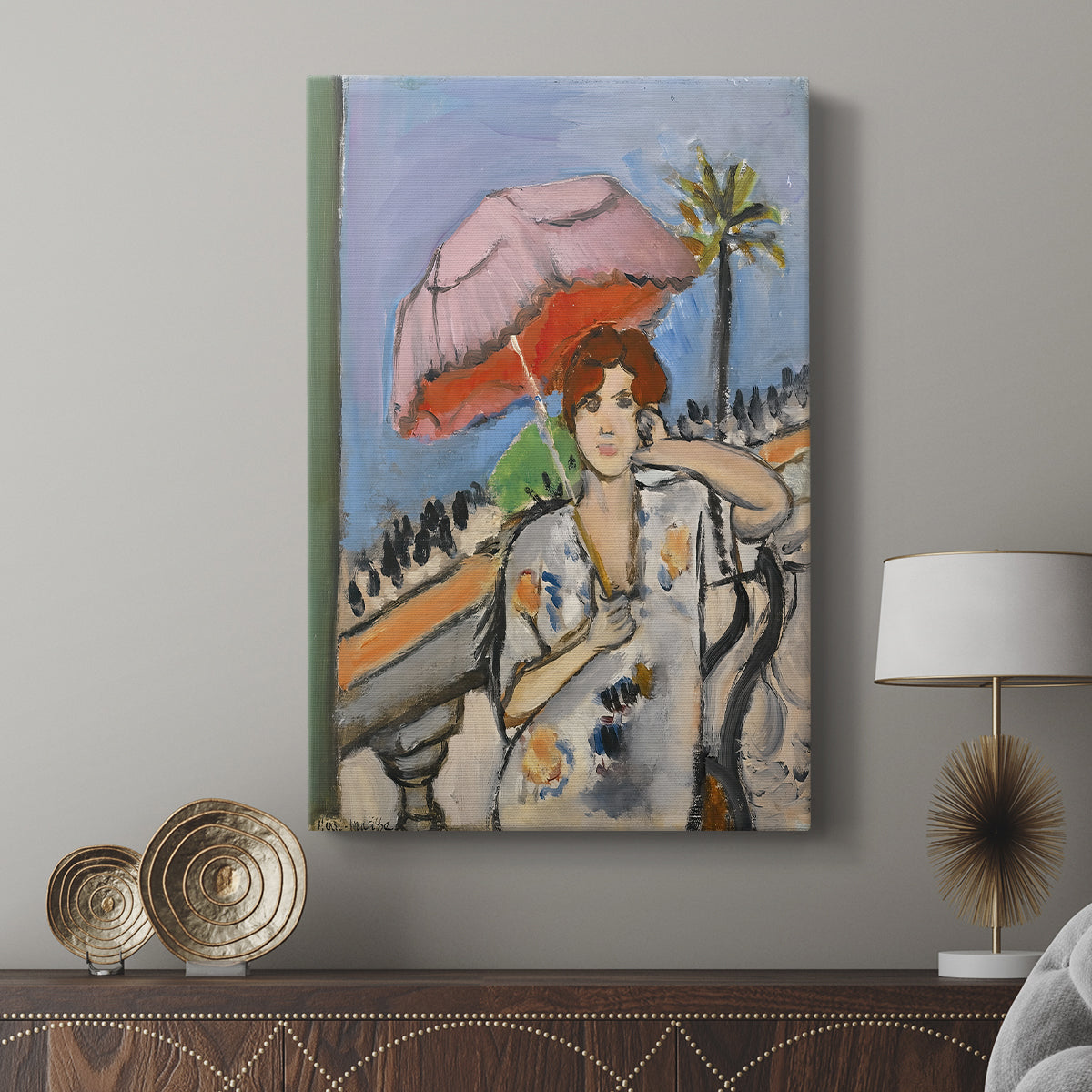 Canvas art print featuring a decorative composition with movement and bold color displayed in a modern interior space.
