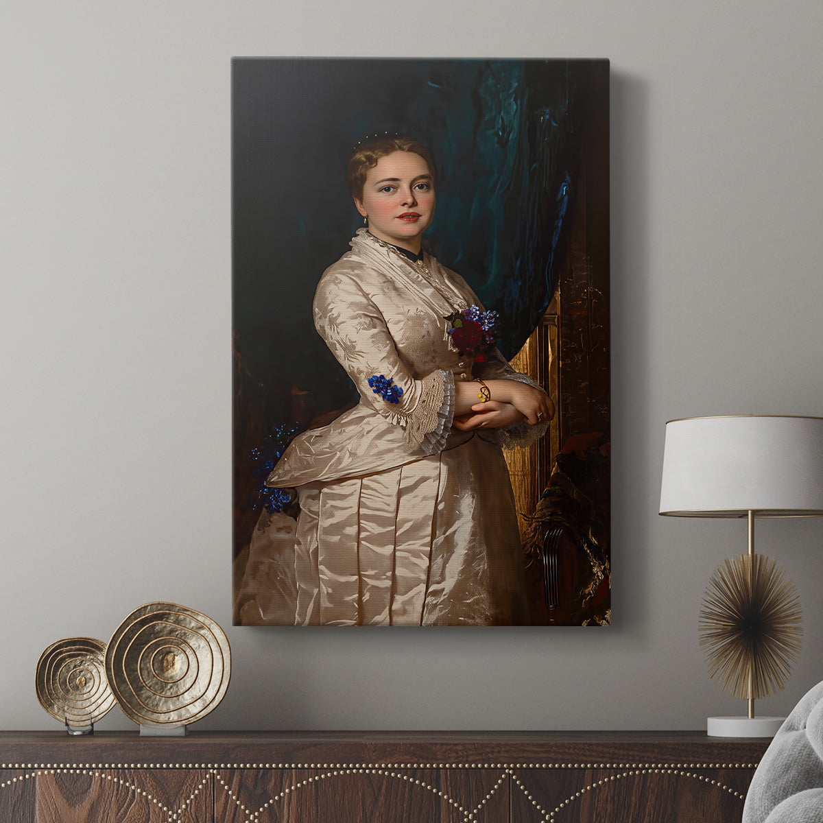 Canvas art print featuring a composed figure with refined features and subtle detail displayed in a modern interior space.