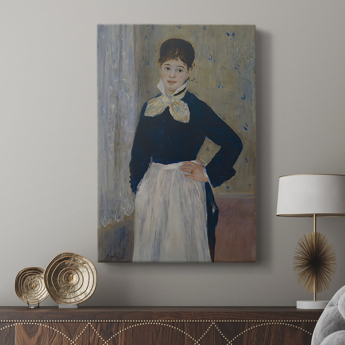 Canvas art print featuring a casual portrait of a working woman with subtle detail displayed in a modern interior space.