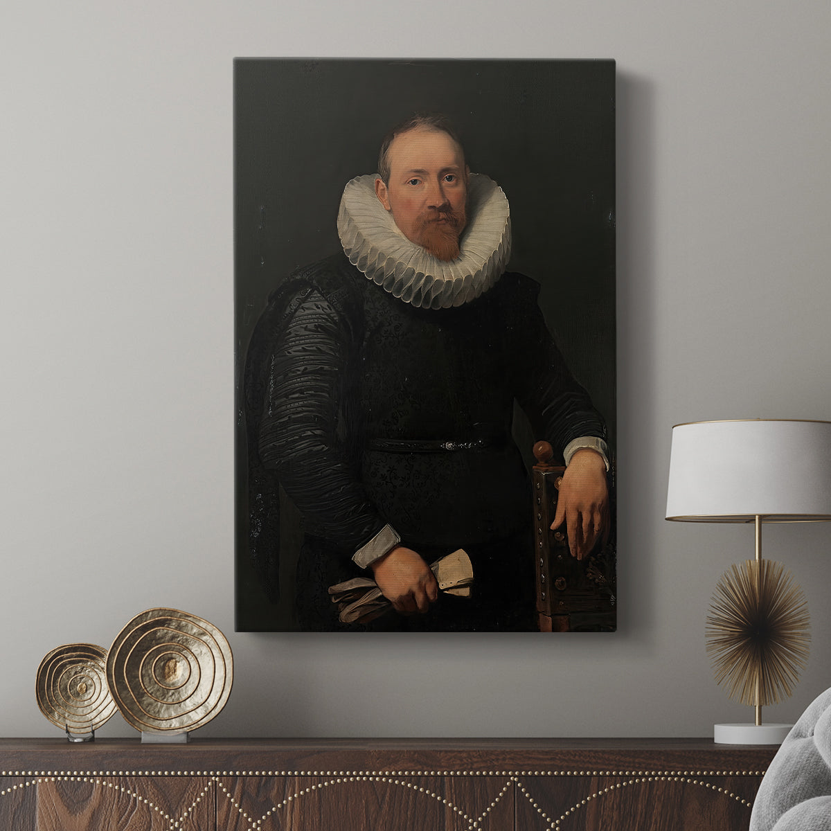Canvas art print featuring a classic Baroque figure with detailed costume and composed expression displayed in a modern interior space.