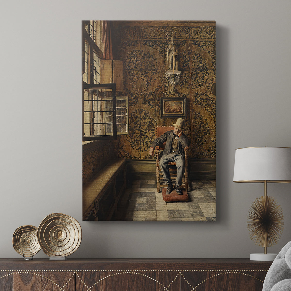 Canvas art print featuring a subdued composition with soft shadows and muted tones displayed in a modern interior space.