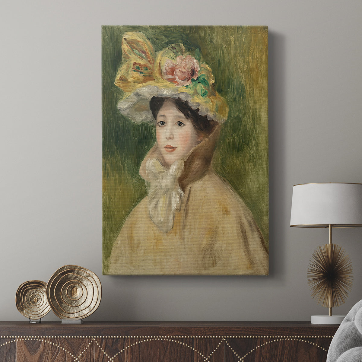 Canvas art print featuring a soft portrait with a woman in a capeline and floral accents displayed in a modern interior space.