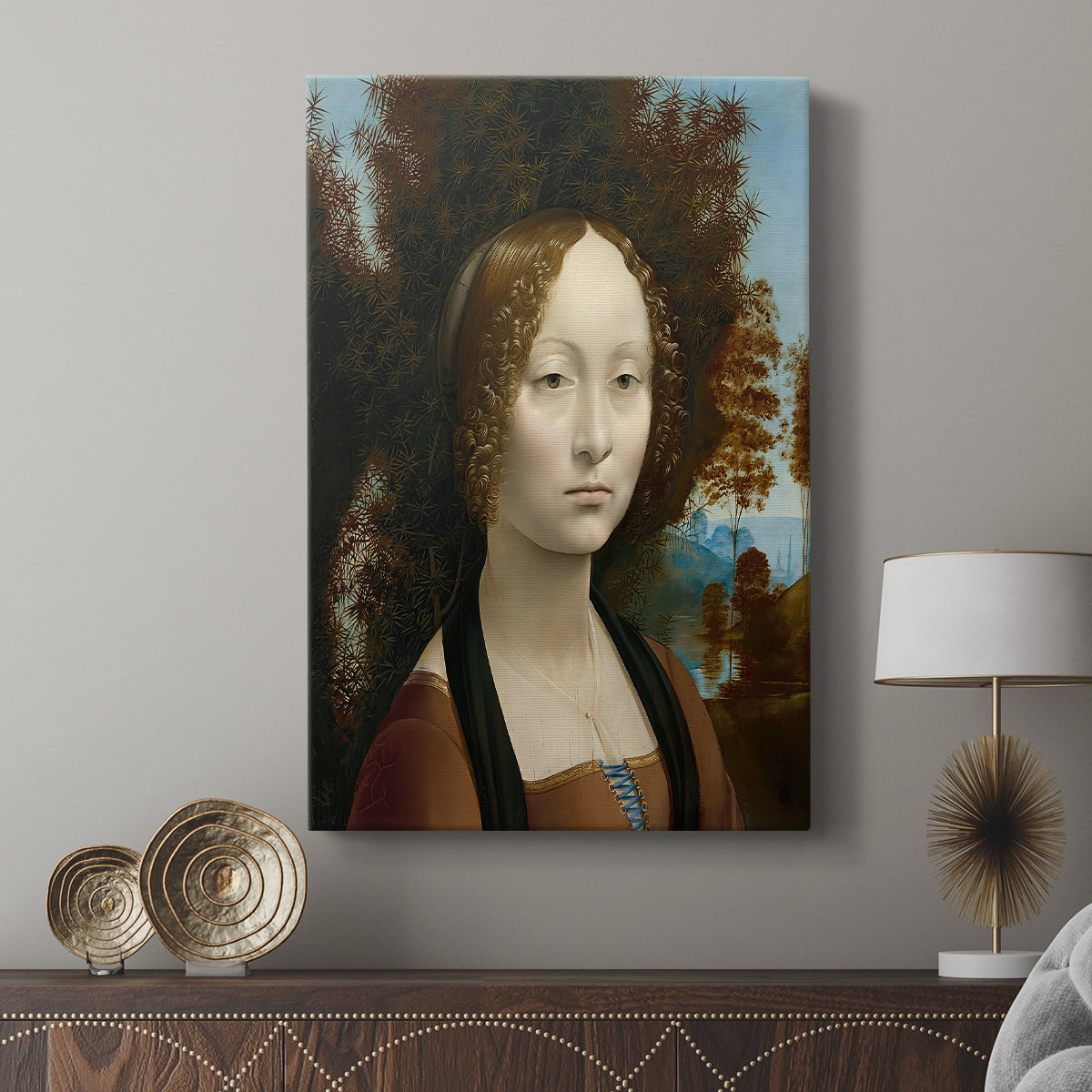 Canvas art print featuring a composed portrait with natural tones and calm presence displayed in a modern interior space.
