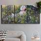 Three-panel canvas wall art featuring woman walking with parasol, displayed in a modern living room above a sofa.