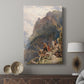 Canvas art print featuring a detailed composition with people and wildlife in landscape displayed in a modern interior space.