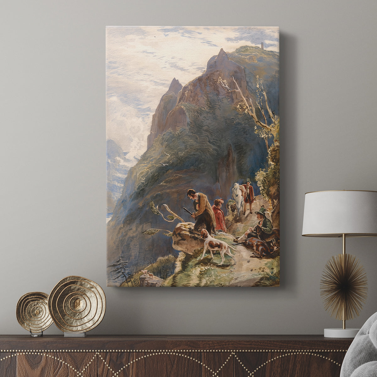 Canvas art print featuring a detailed composition with people and wildlife in landscape displayed in a modern interior space.