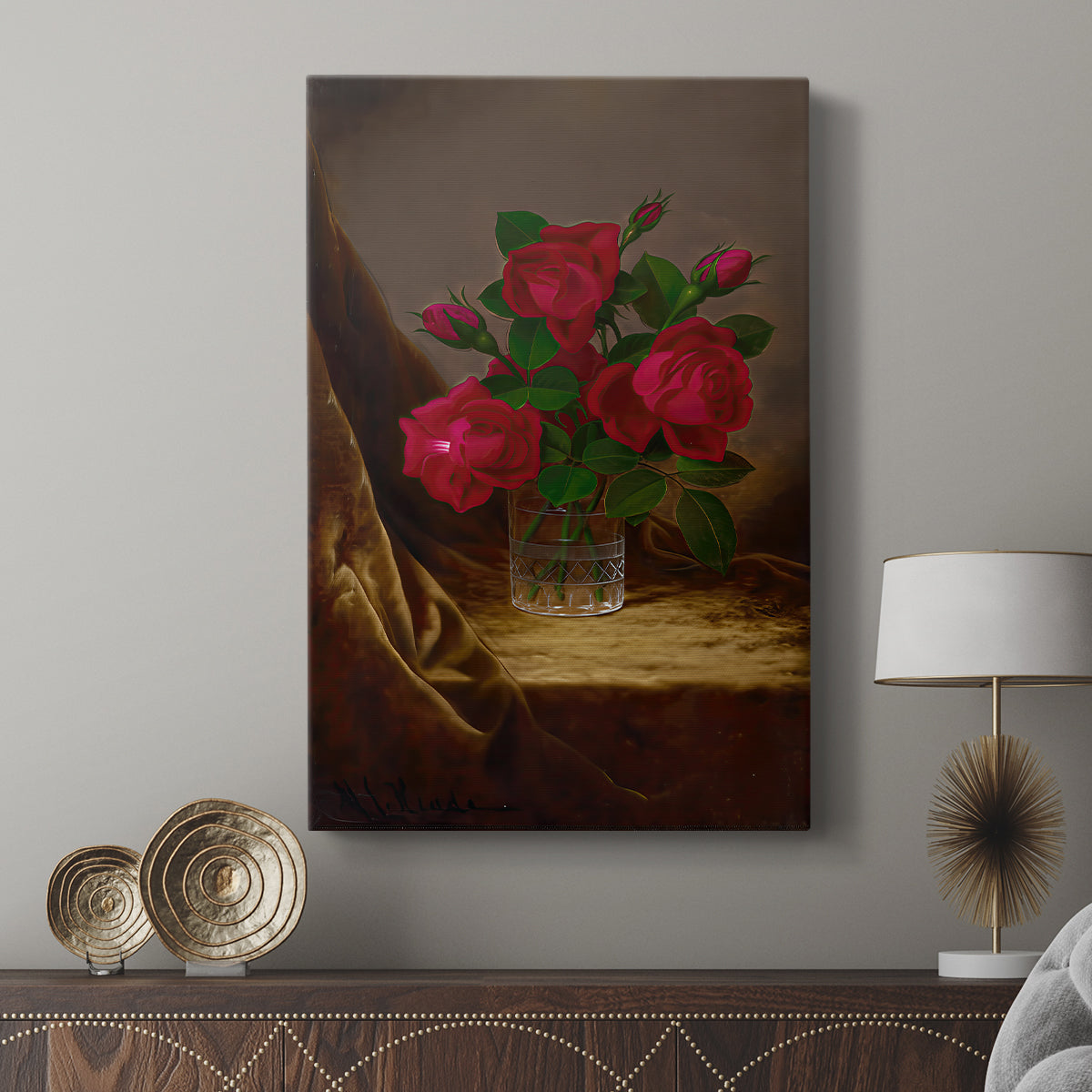 Canvas art print featuring a refined arrangement with subtle highlights and depth displayed in a modern interior space.