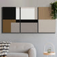 Three-panel canvas wall art featuring geometric abstract centerpoint composition, displayed in a modern living room above a sofa.