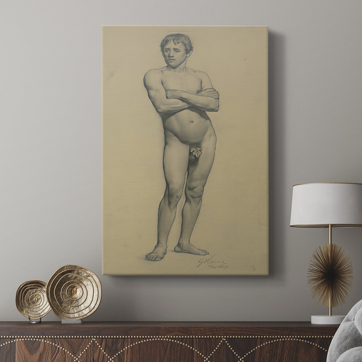 Canvas art print featuring a minimal sketch of a nude figure with clean lines displayed in a modern interior space.