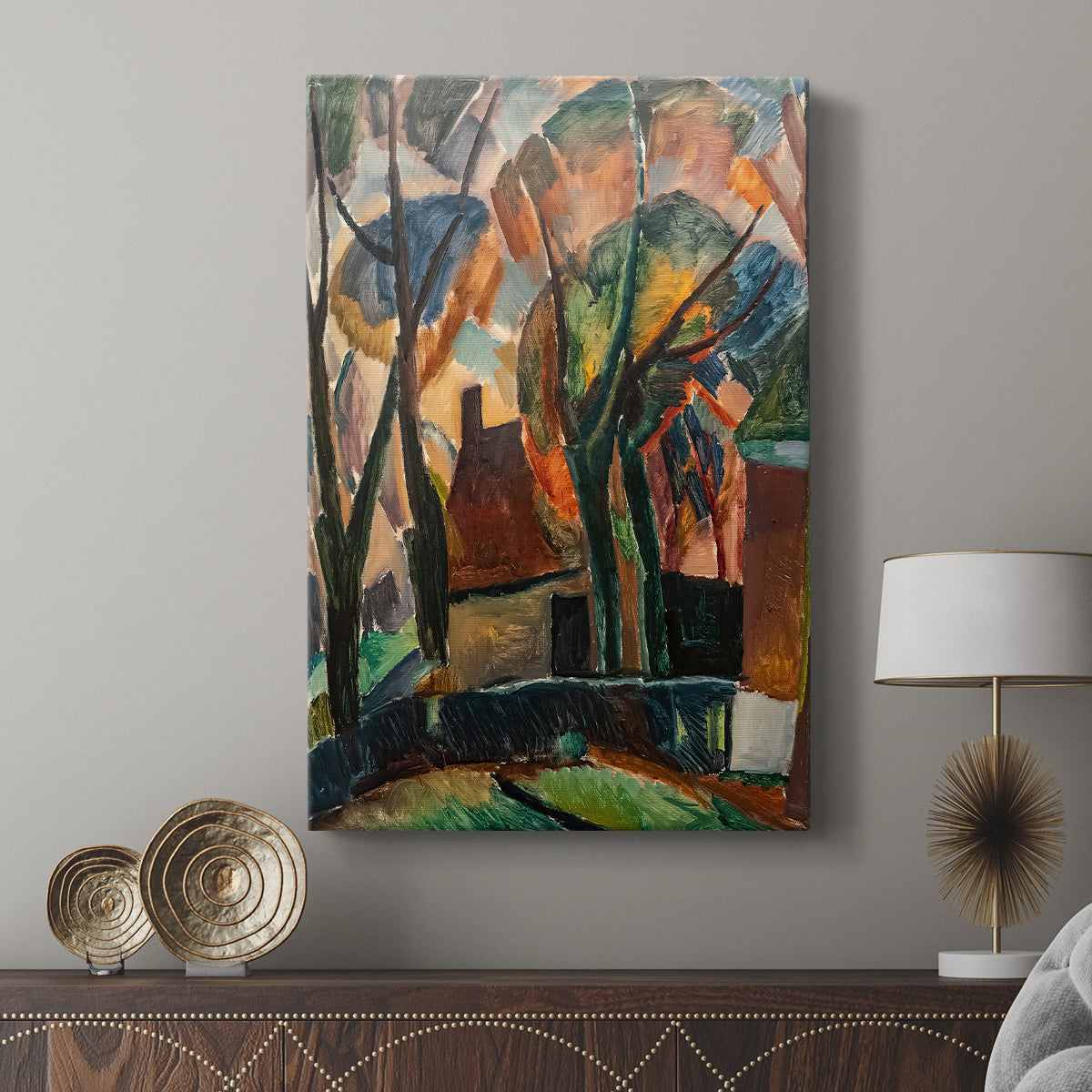 Canvas art print featuring a modern landscape with simplified shapes and strong contrast displayed in a modern interior space.