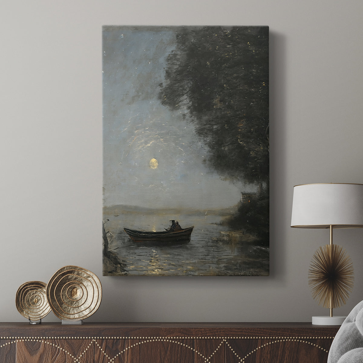Canvas art print featuring a quiet nocturnal composition with gentle light displayed in a modern interior space.