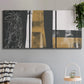 Three-panel canvas wall art featuring industrial mid century abstract glitch, displayed in a modern living room above a sofa.
