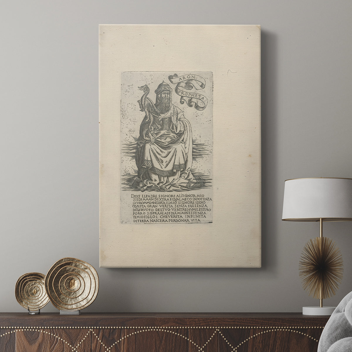 Canvas art print featuring a detailed illustration with strong outline and minimal shading displayed in a modern interior space.