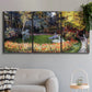 Three-panel canvas wall art featuring garden in full bloom by coast, displayed in a modern living room above a sofa.