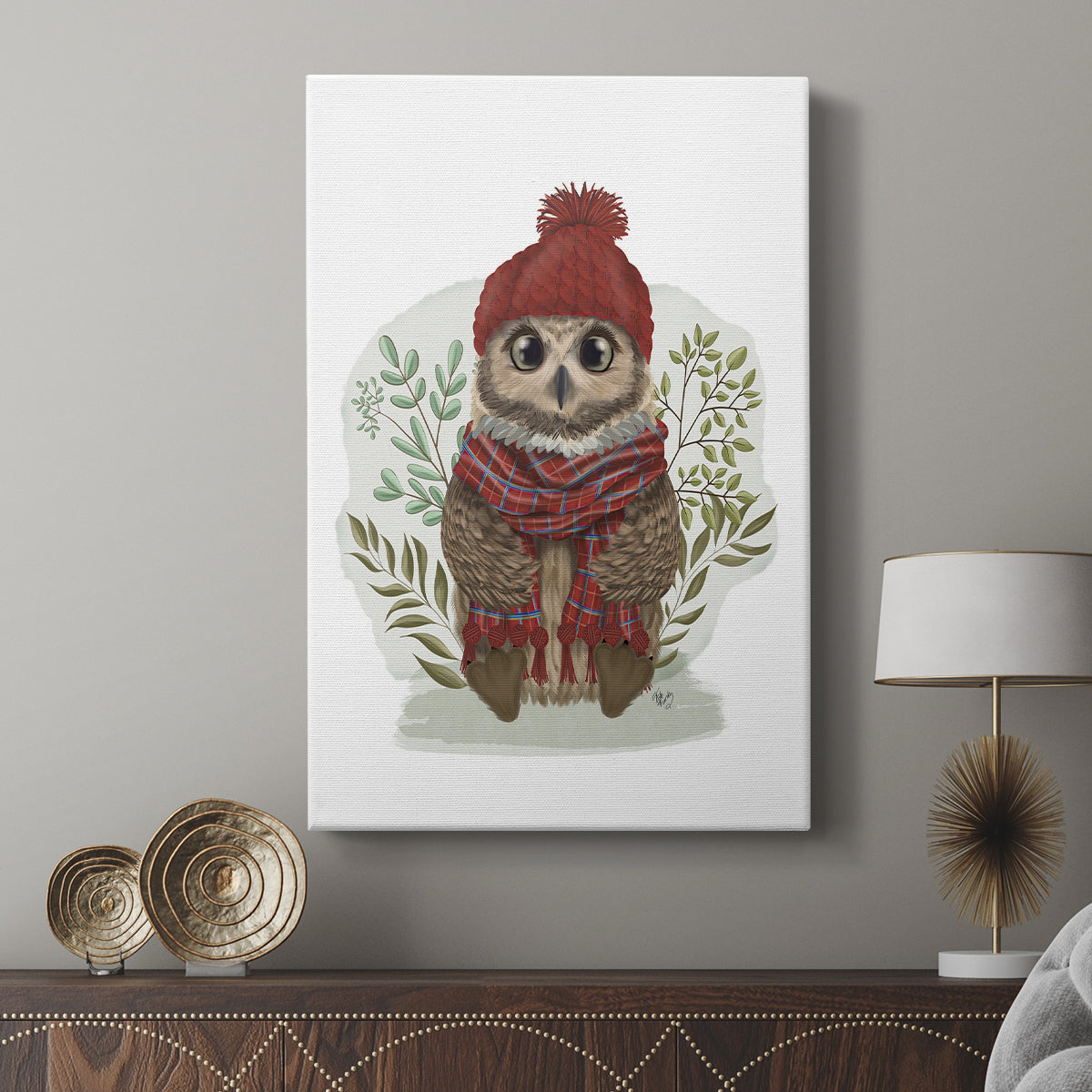Owl in Tartan Scarf - Canvas Art Print