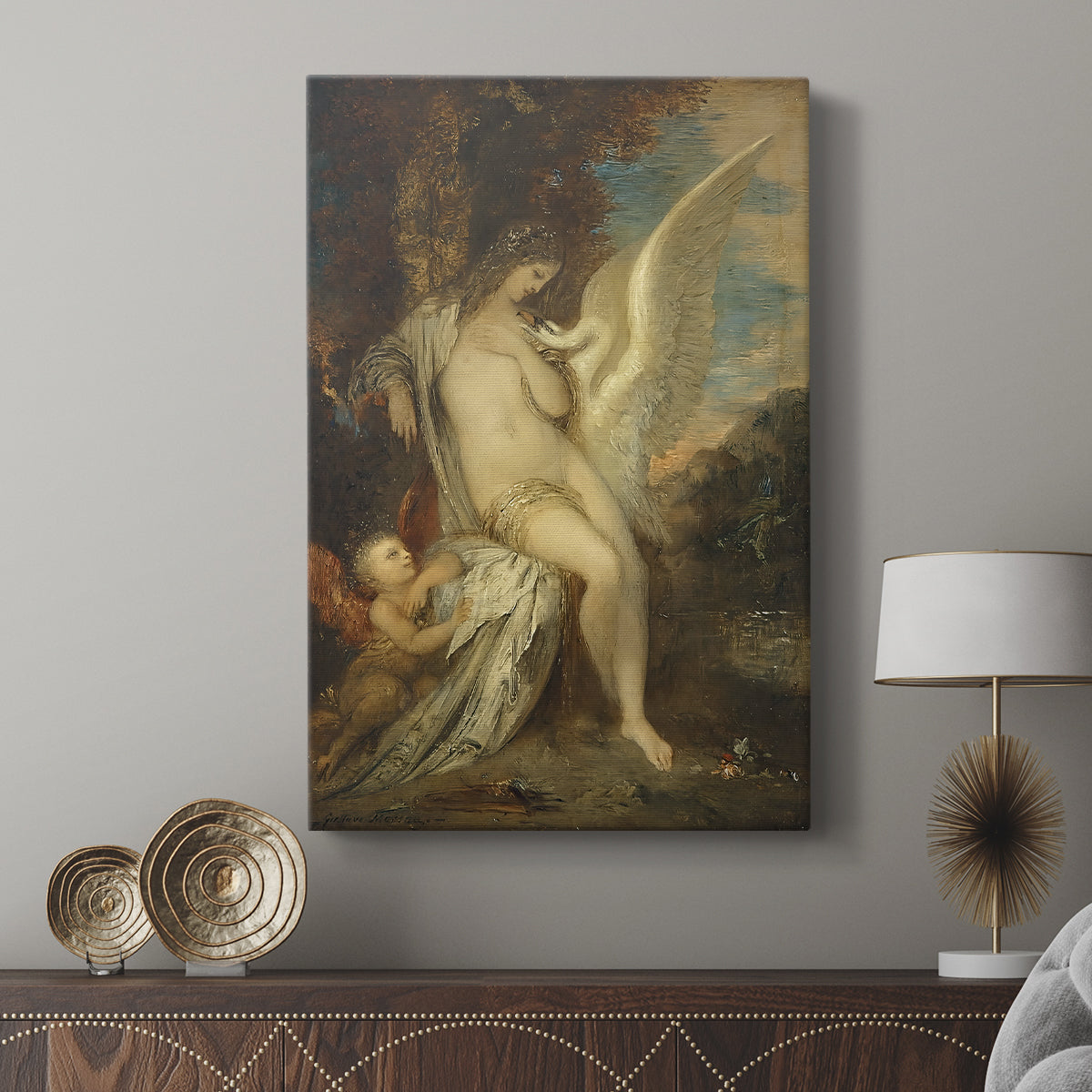 Canvas art print featuring a decorative scene with a figure and animal interaction displayed in a modern interior space.