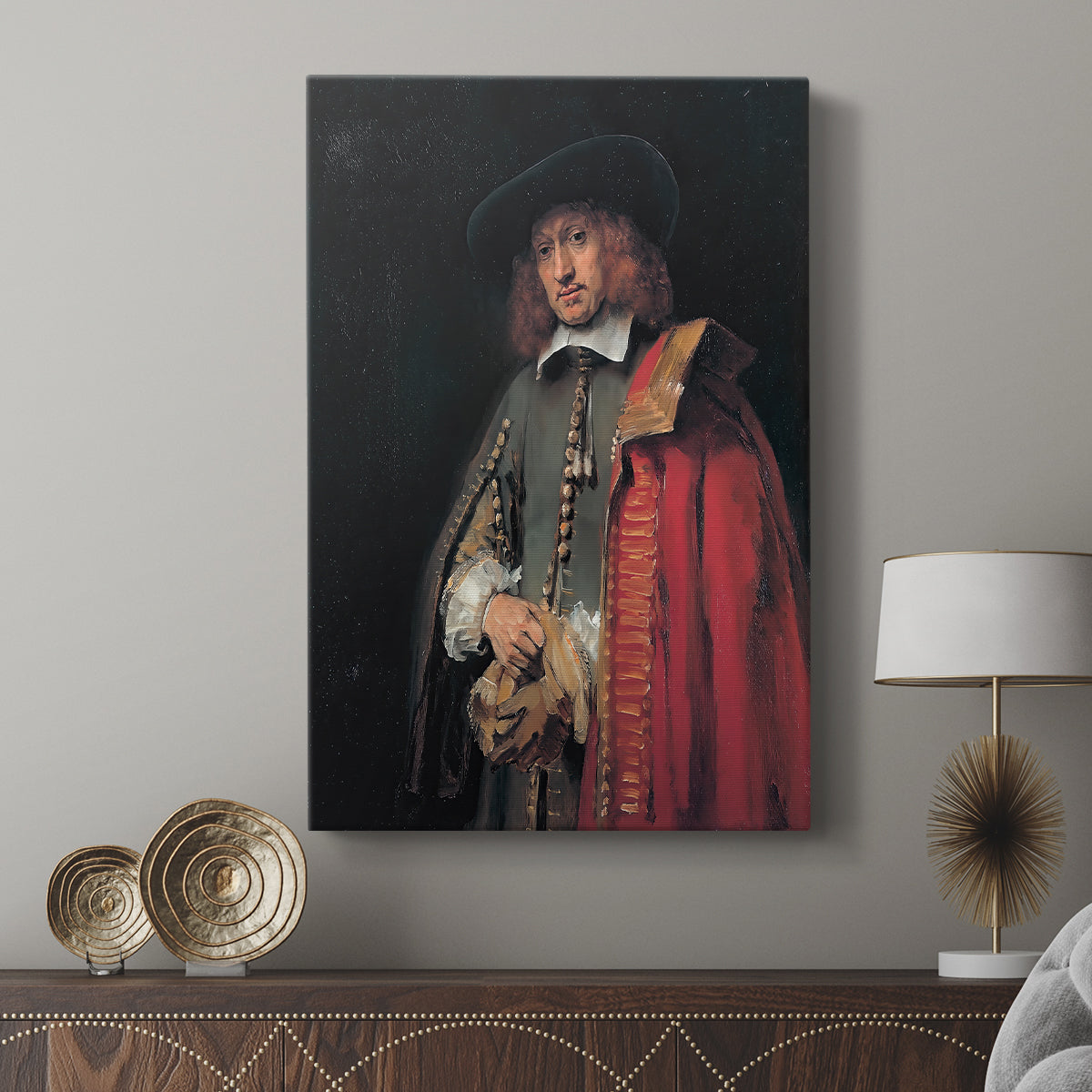 Canvas art print featuring a classic portrait with warm shading and detail displayed in a modern interior space.