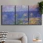 Three-panel canvas wall art featuring overcast bridge above river, displayed in a modern living room above a sofa.