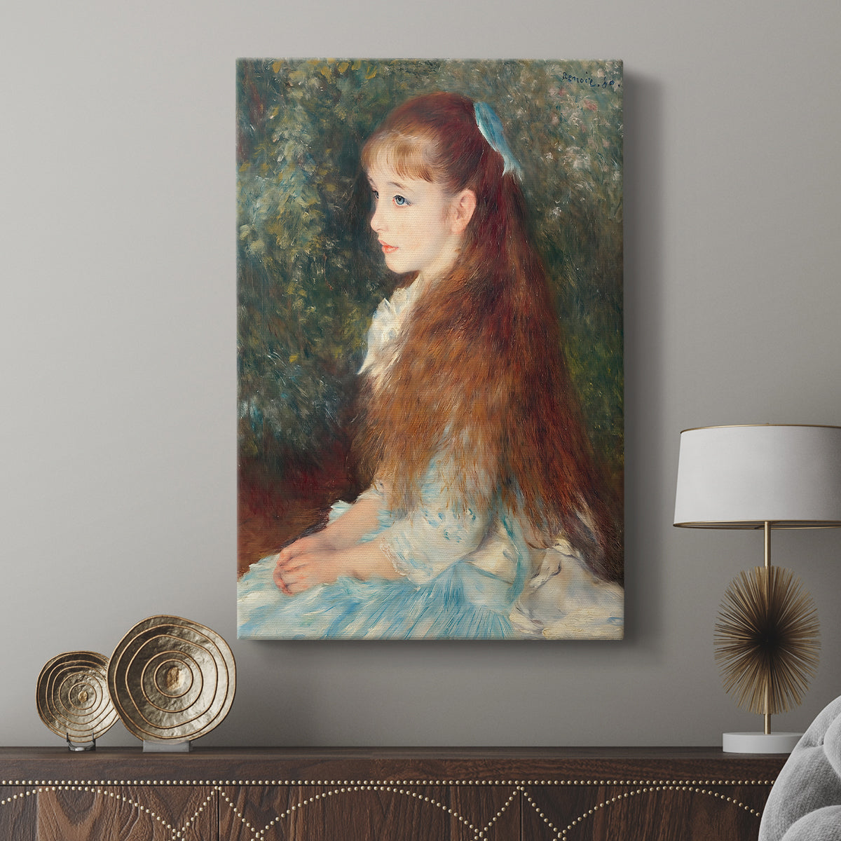 Canvas art print featuring a classic portrait with a calm expression and soft lighting displayed in a modern interior space.