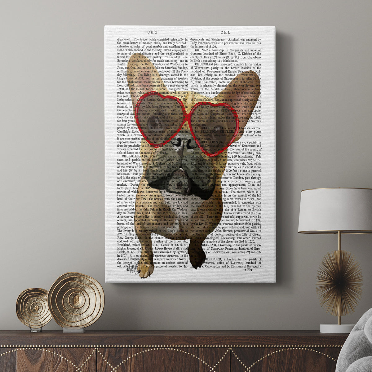 French Bulldog and Heart Glasses - Canvas Art Print
