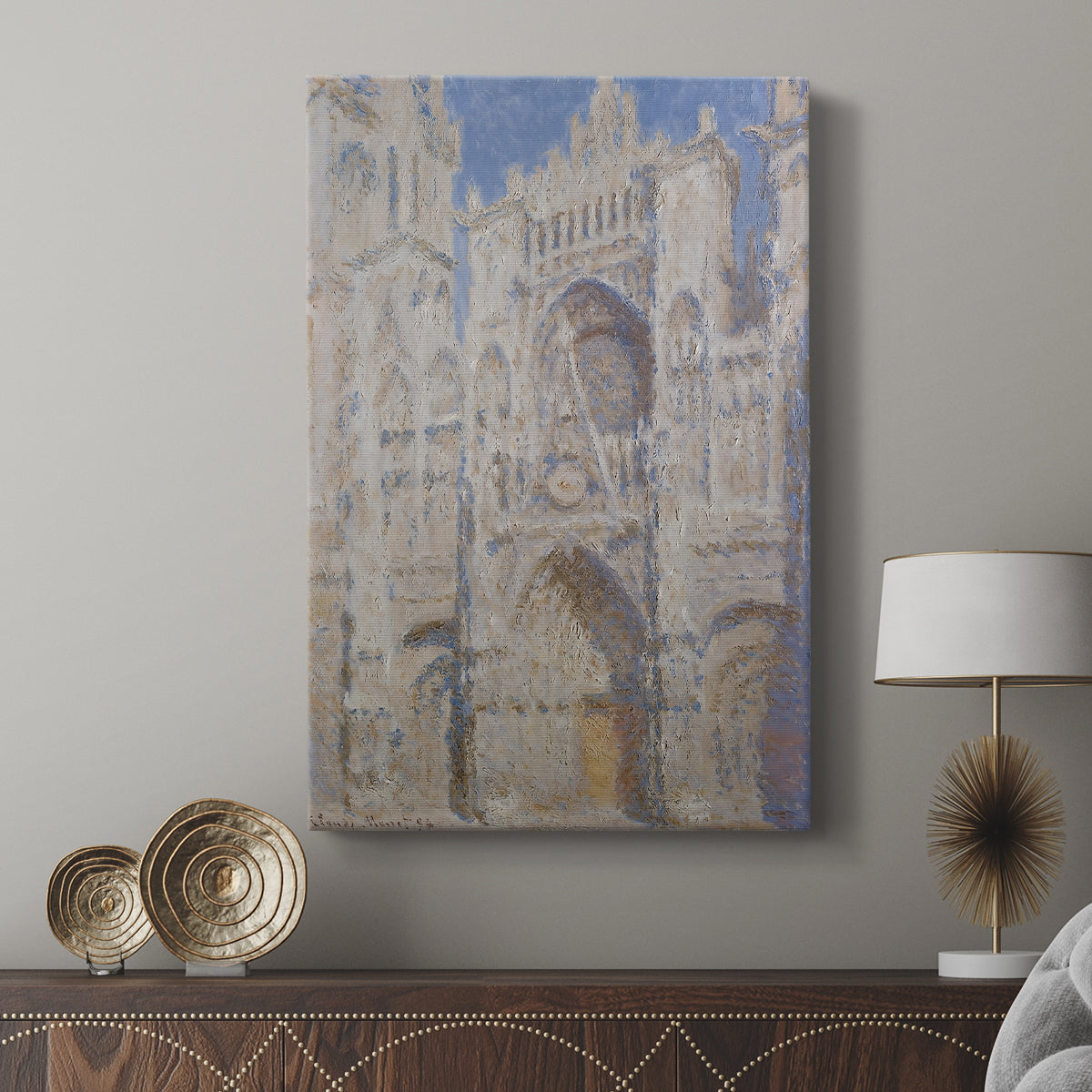 Canvas art print featuring a detailed façade with soft color variations and shadow displayed in a modern interior space.